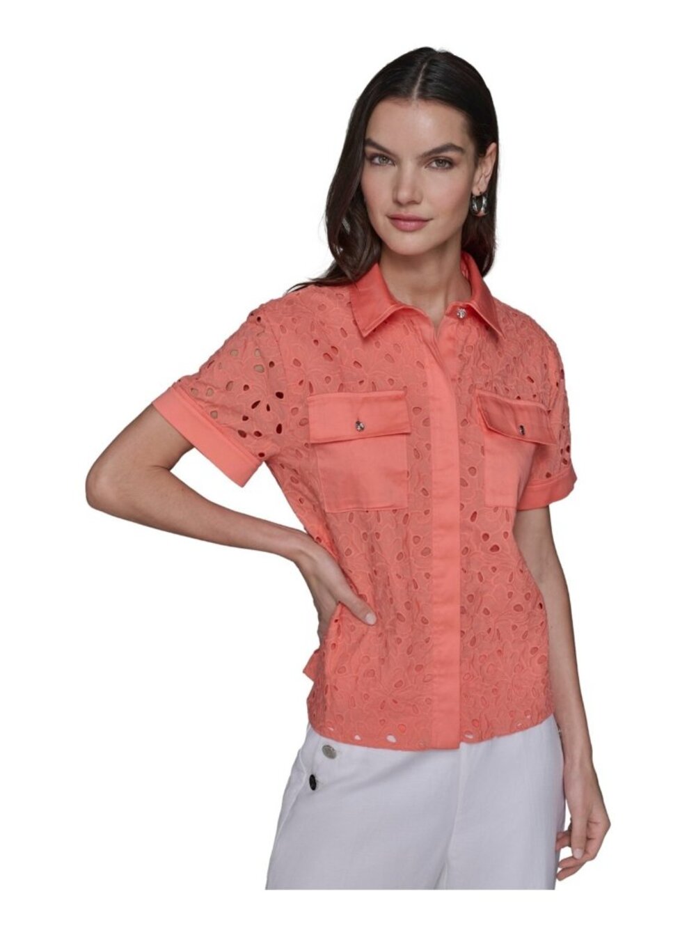 KARL LAGERFELD PARIS Women Eyelet Cotton Button pocket Shirt Orange Size XL $129